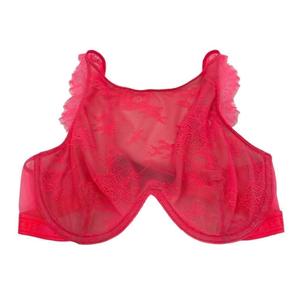 Victoria’s Secret hot pink sheer lace high neck flutter ruffle underwire bra 32D